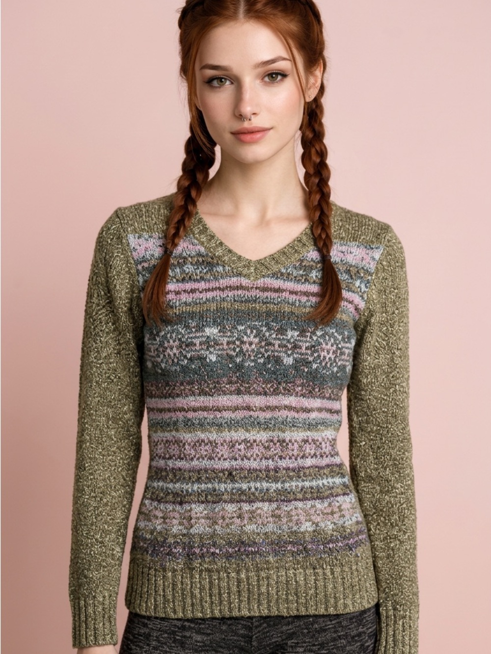 One on One Vintage Green Striped Fair Isle V-Neck Wool Cotton Sweater-S
